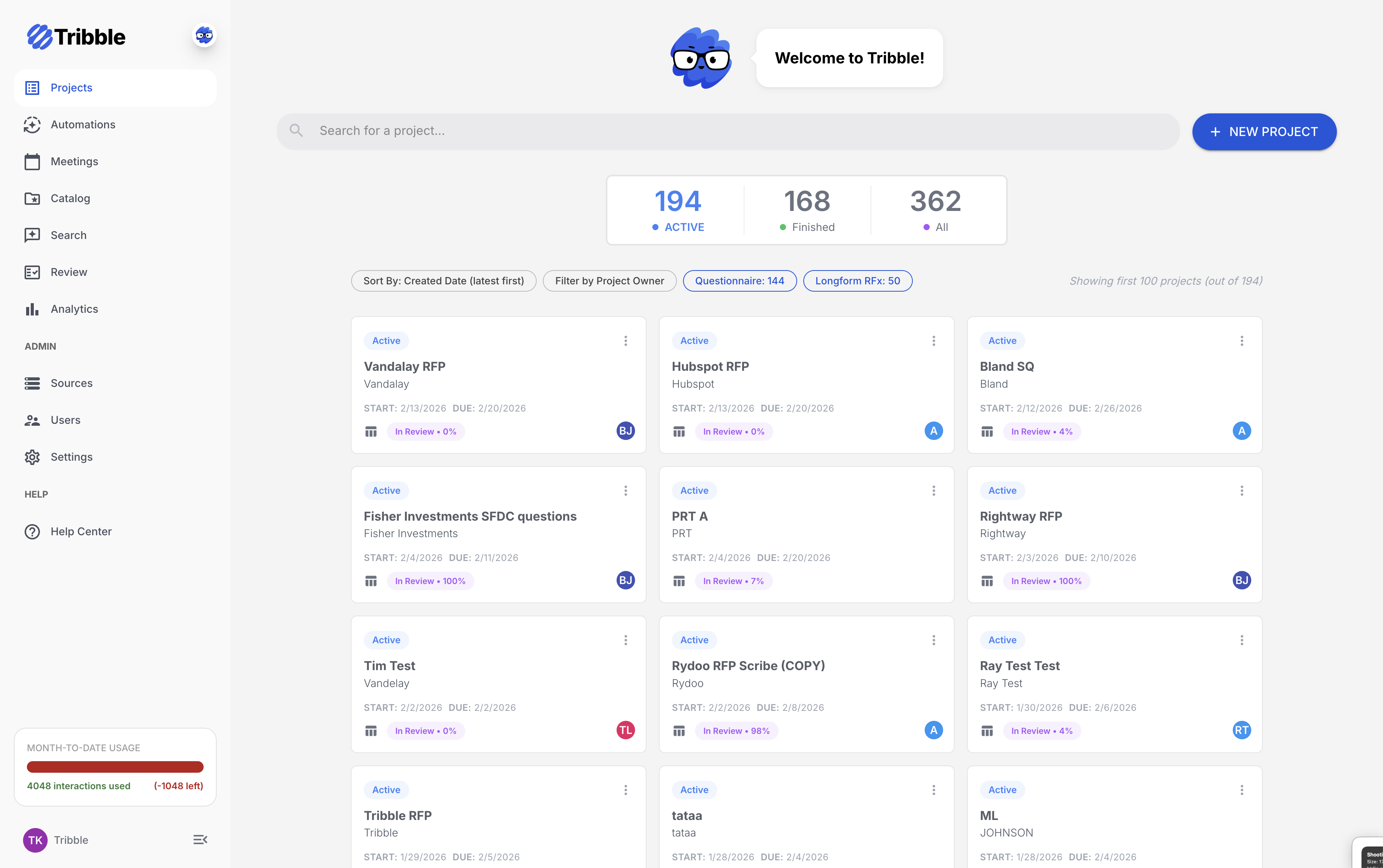 Tribble project dashboard showing active projects with the Tribble assistant visible